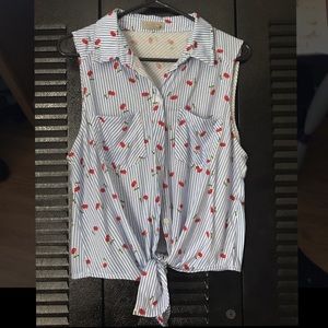 Cherry and Blue Striped Sleeveless Button Up Top